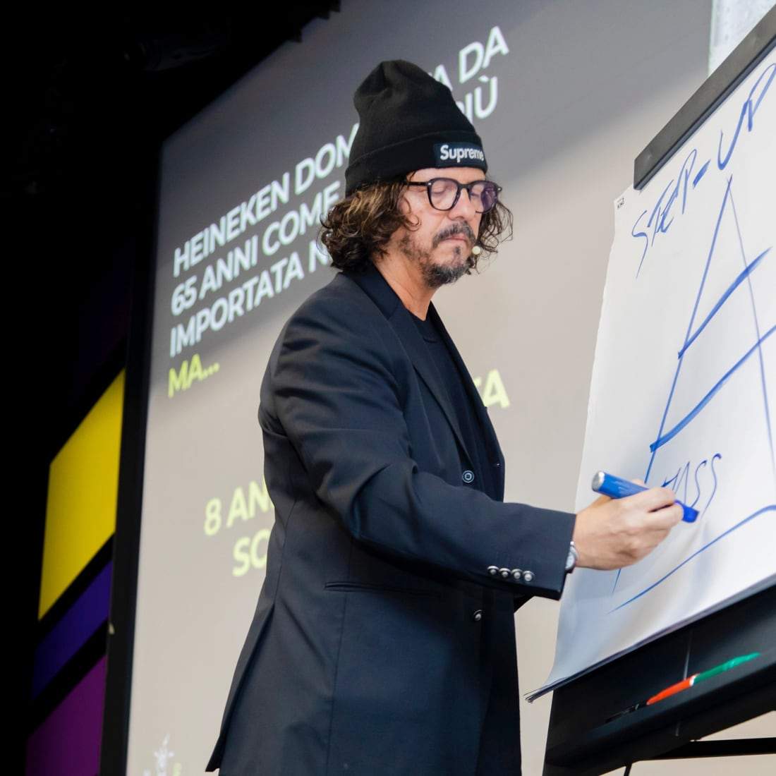 Luca Picchio scrive alla lavagna a fogli mobili durante una lezione
